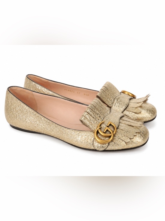 Gucci Shoes - Gucci Marmont Metallic Gold Leather Fringe Ballet Flats GG Logo Size 37